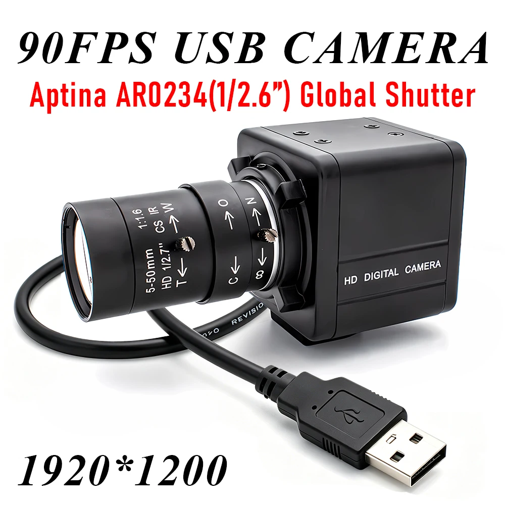 Global Shutter USB Camera 1200P 90FPS AR0234 10X Zoom Lens Metal Case High Speed Machine Vision Industrial Inspection USB Camera