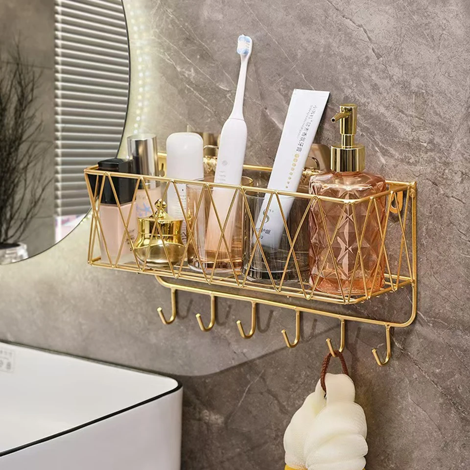 

1PC Bathroom Rectangle Shelf With Hooks No Drill Wall-Mounted Gold Iron Toiletries Storage Rack Shampoo Shower Gel Organizer