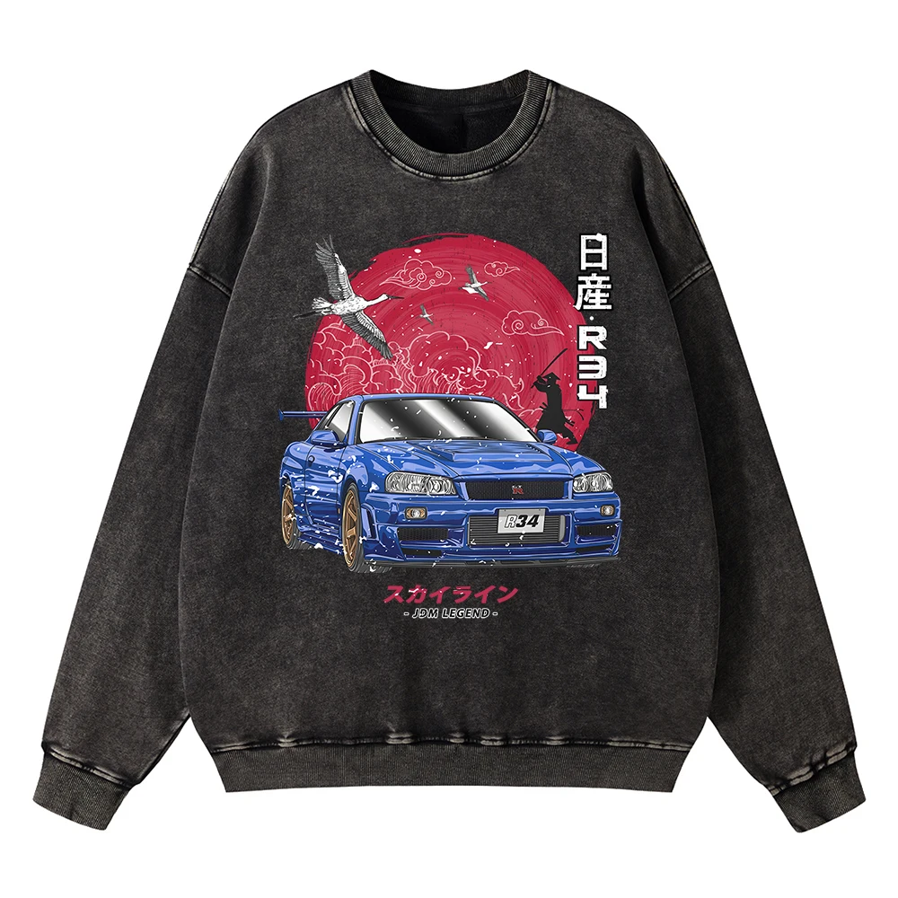 

Vintage Distressed Washing Initial Japan Racing Car Gtr R34 Hoodie Men Fashion Casual Sweatshirt Loose Cotton Oversized Hoody