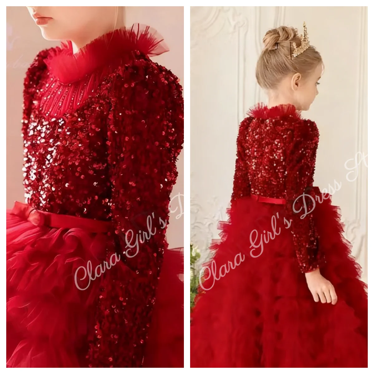 Элегантное свадебное платье с высоким воротом и пайетками, длинными рукавами, тюлевая юбка, детское праздничное платье для причастия и бала на заказ