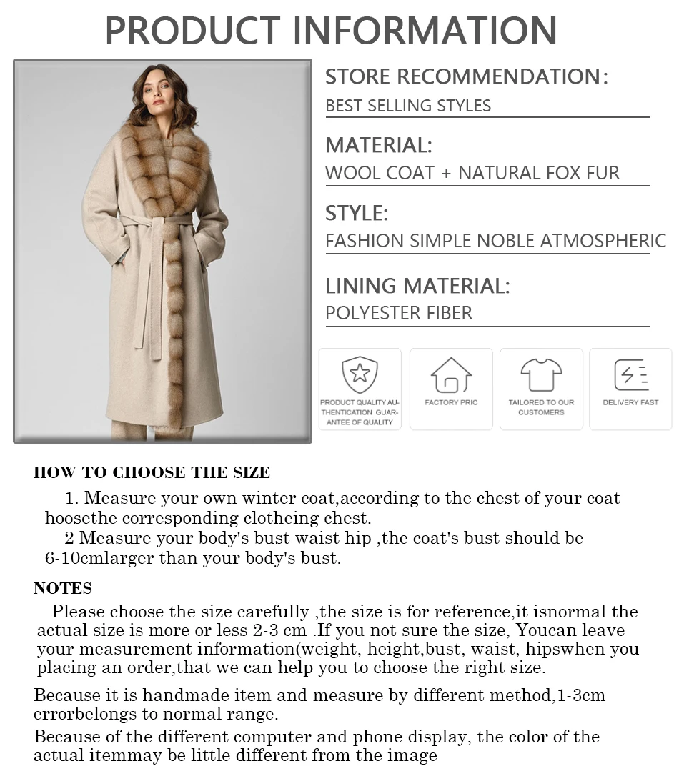 Women's Winter Jacket Real Fox Fur Coat Cashmere Wool Coat With Natural Fur Collar Best Selling Wool Blends Coat