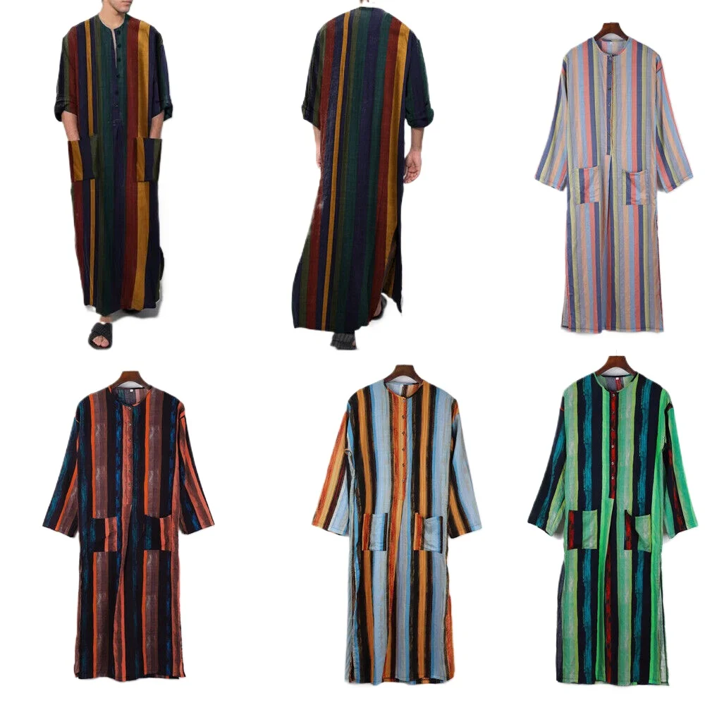 

Muslim Fashion Men Jubba Thobe with Pockets Loose Long Sleeve Vintage Stripe Arabic Dress for Islamic Arab Men's Muslim Robes