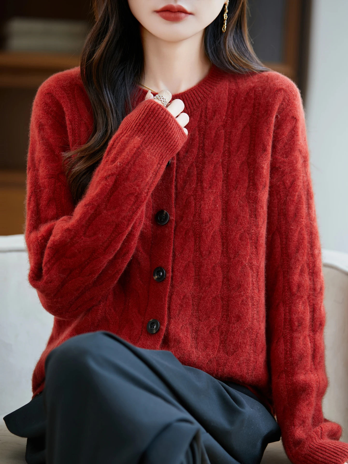 

Women's Autumn Winter Soft O-Neck Cardigan Sweater 100% Merino Wool Knitwear Cable Stitch Exquisite Elegant Thick Clothing Tops