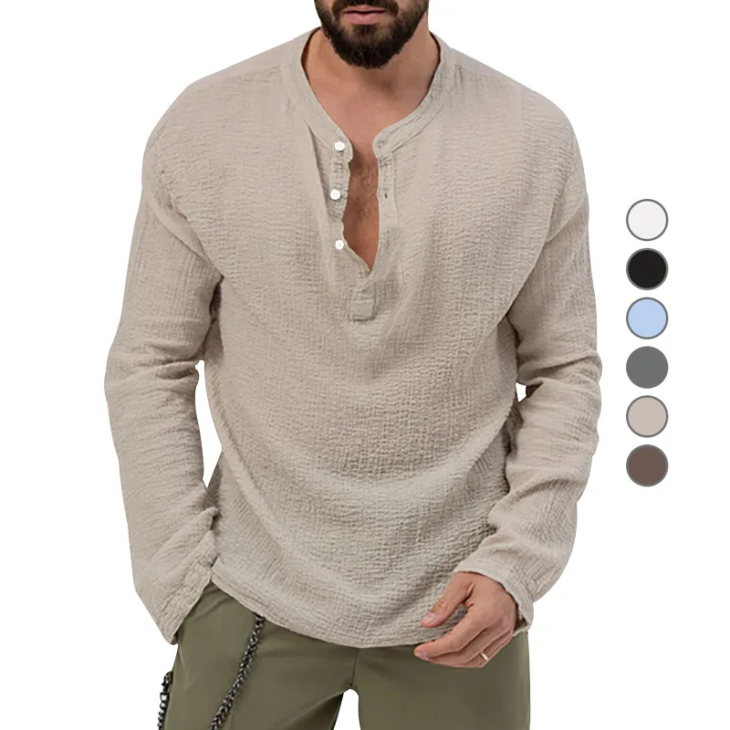 Foreign Trade Men's Summer New Casual Bubble Cloth Solid Color Long Sleeved T-shirt Loose Button T-shirt Men's Trendy Stock