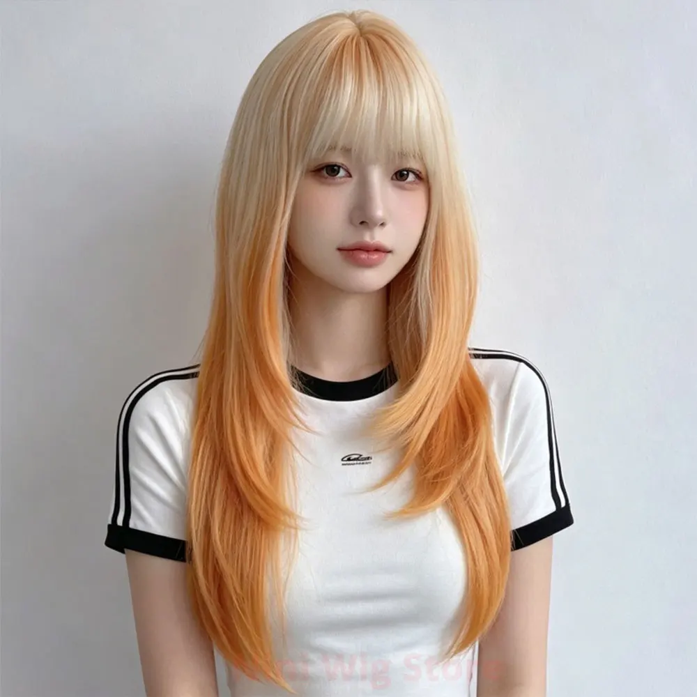 Orange Yellow Gradient White Long Layered Synthetic Wigs with Bangs for Women Cosplay Synthetic Hair Lolita Wig Party Daily Use