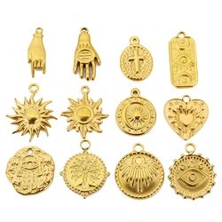 5pcs Gold Color Stainless Steel Retro Embossed Sun Star Pendants Heart Cross Charms DIY Jewelry Necklaces Bracelets Findings