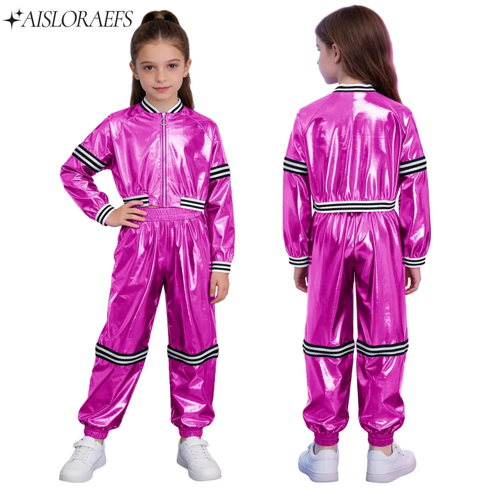 

Kids Hip Hop Outfit Jazz Street Dance Sets Boy Girl Zip-Off Stripes Long Sleeves Jacket+Metallic Pants Set for Stage Performance
