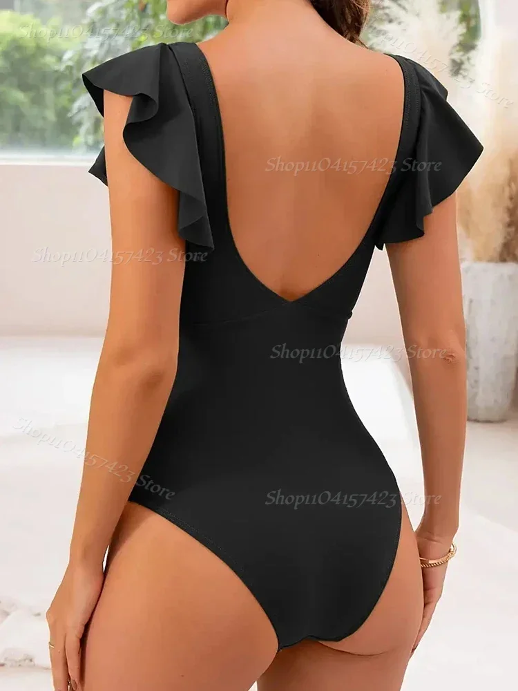Sexy Swimming Suit for Women Block Color One Piece Swimwear Cross Bodysuit V Neck Ruffle Bathing Suit New Beachwear