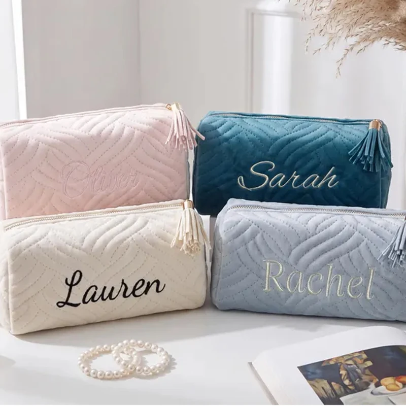 Personalized Quilted Cosmetic Bag Custom Name Embroidered Makeup Pouch Tassel Travel Toiletry Bag Gift For Bridesmaid Women
