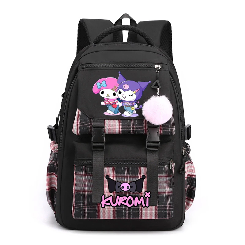 Purple Kuromi Backpack Cute Plaid School Bags For Student Teens Girls Pockets Women Laptop Backpack Harajuku