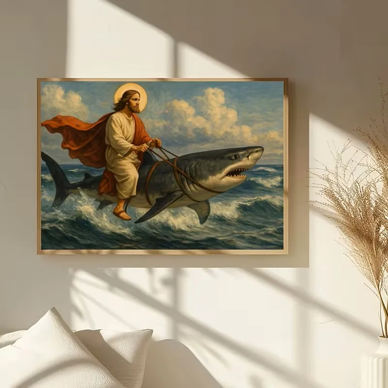 Funny Jesus Riding Shark Poster Religious Humor Wall Painting Canvas Printing Bedroom Kitchen Christian Comedy Home Decoration