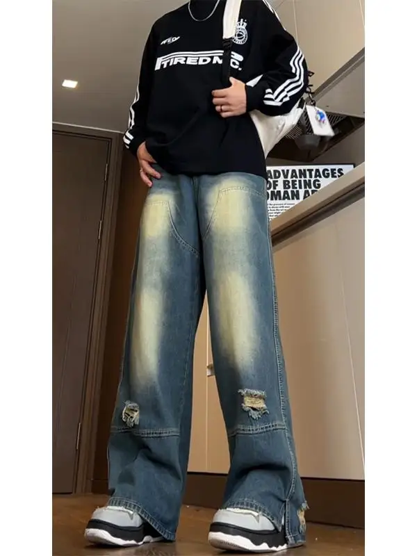 

Мужские джинсы с рваным и потертым краем, прямой крой, свободный крой, в стиле High Street, модные брендовые длинные брюки, весенний сезон