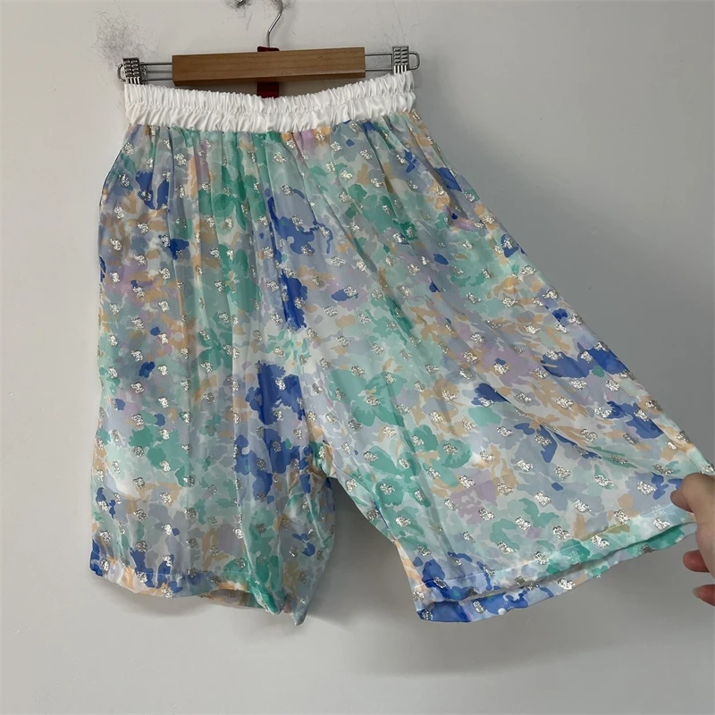 Silver Spray Paint Floral Print Casual Shorts Men Elastic Waist Loose Lightweight Breathable Summer Streetwear VFVR5