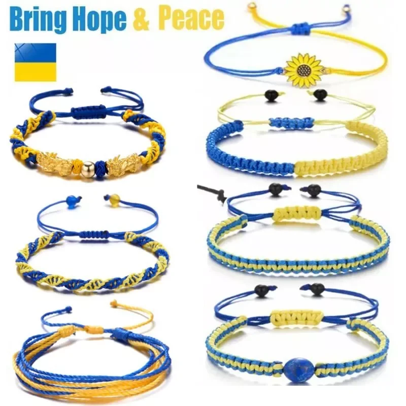 Handgefertigtes blaues und gelbes Ukraine-Land-Friedens-Liebes-gewebtes Armband aus Leder für Damen und Herren, Schmuck, Geschenk, verstellbar