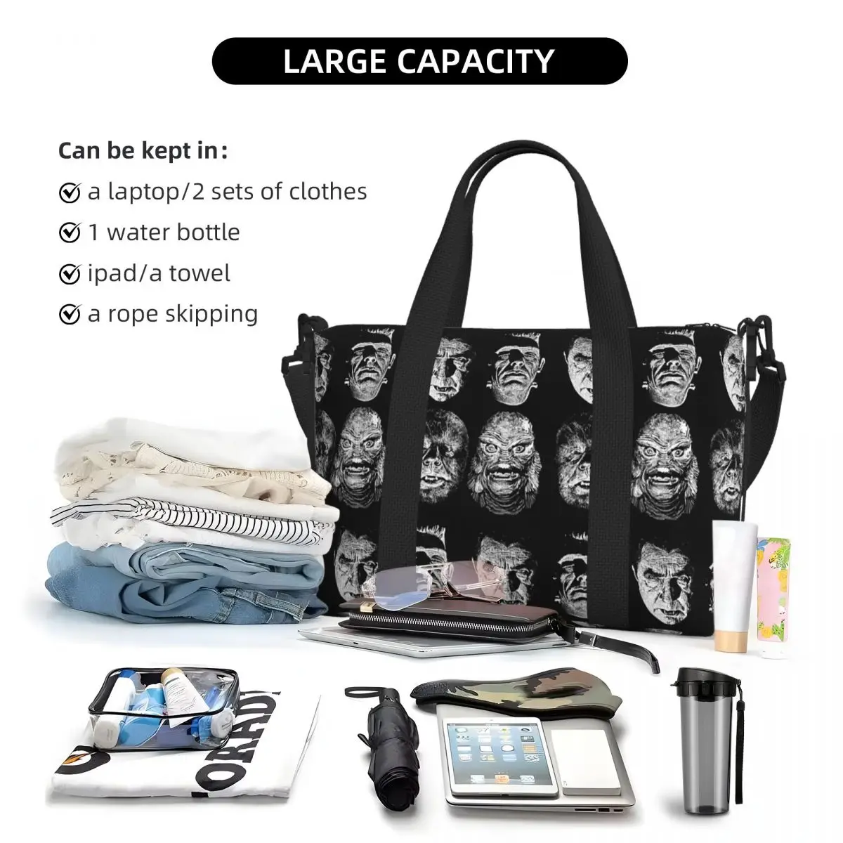 Universal Studios، Monsters، Dracula، Wolfman، Frankenstein Beach Travel Bag Tote Bags for Gym Women Shopping Duffle Shoulder Bag