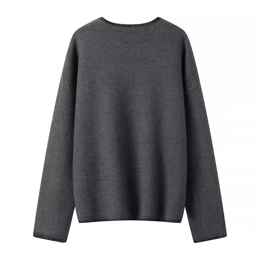 Pockets Drak Grey Sweater Woman Cropped Knitted Sweater Women Autumn Winter V-Neck Pullovers Long Sleeve Warm Knit Top