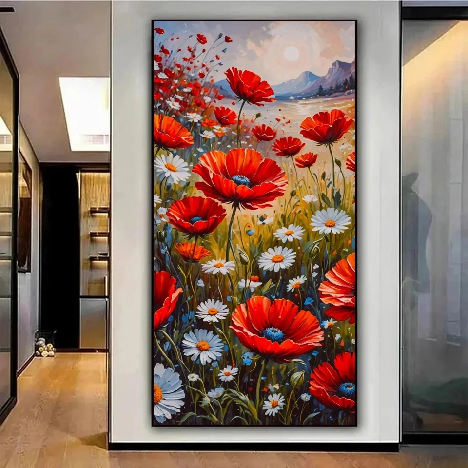 5D großes Diamant-Gemälde, Kreuzstich-Set, bunte Blumen, Mohnblumen, Löwenzahn, Tulpen, voll quadratisch, rund, Diamant-Mosaik-Stickerei