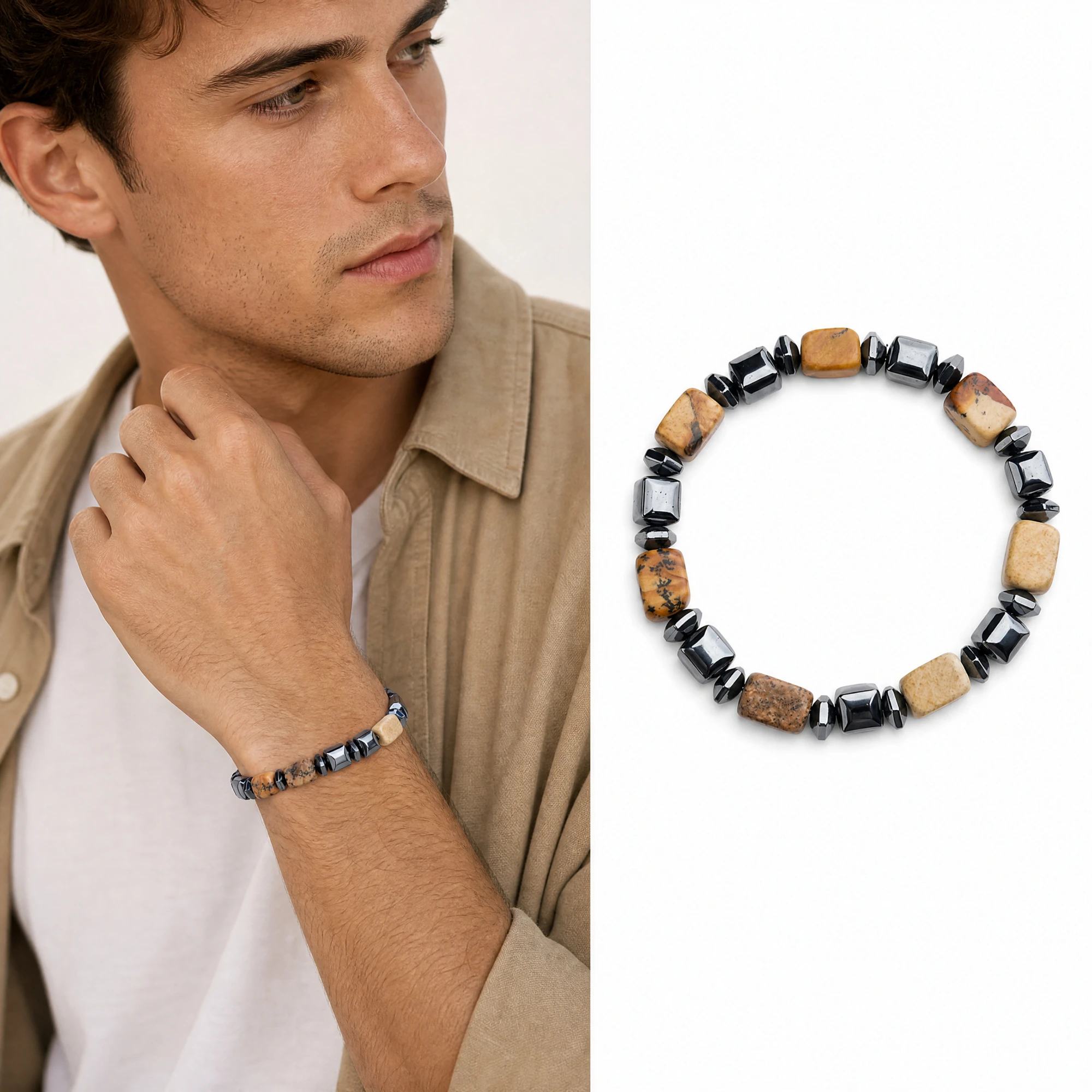 Natural Picture Jasper Hematite Spacer Beads Bracelet Stone Stretch Jewelry for Women Men Root Chakra Grounding Protection
