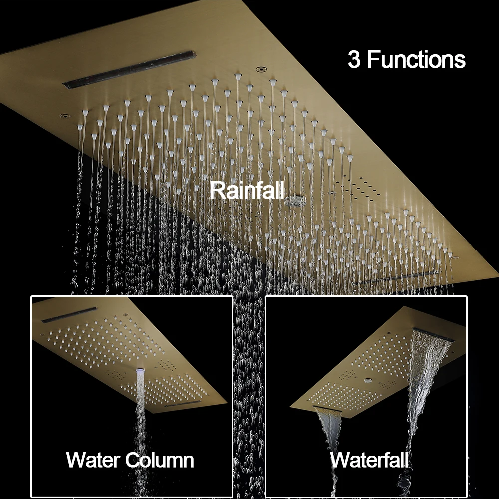 Qlonn Bathroom Smart Shower Set LED Music Embedded Ceiling 900*300mm Shower Head  Thermostat Flow Divider Valve with 6 Body Jets
