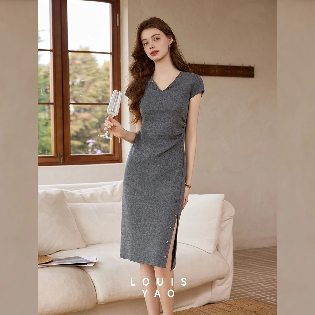 LOUISYAO 2026 Summer Minimalist Women's Knit Dress V-Neck Slight Stretch Slim Fit Split Ruched Elegant