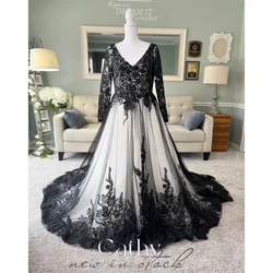 Cathy Gothic Black Ball Gown Wedding Dress Long Sleeve V-neck Bride Gown Vestidos De Novia Black And White Robe De Mariée