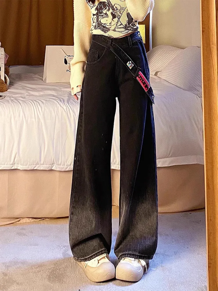 plus Size American Retro Side Zipper Gradient Color Black Denim Pants Women's Wide Leg Trousers High Waist Long Pants Jeans