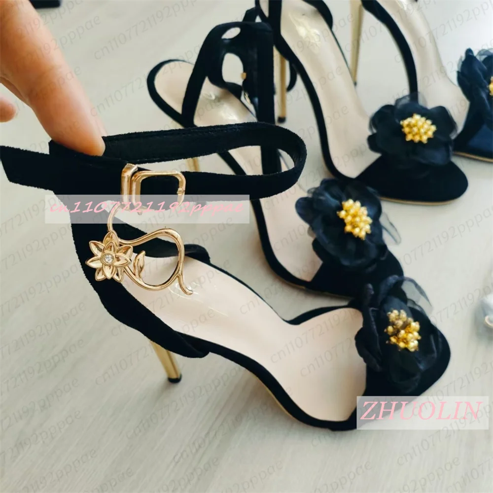 Women Black Tulle Flower Stiletto Sandals Open Toe Gold Heel Ankle Strap Suede Gold Charm Elegant Sexy Wedding Bride Party Shoes