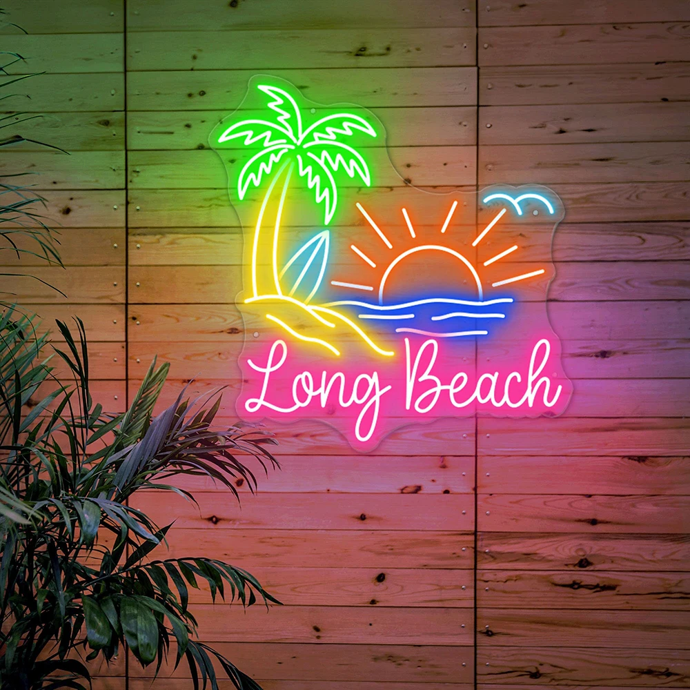 Letrero LED de playa, luz de neón, arte de neón, árbol de coco, fiesta de verano, lámpara de noche personalizada