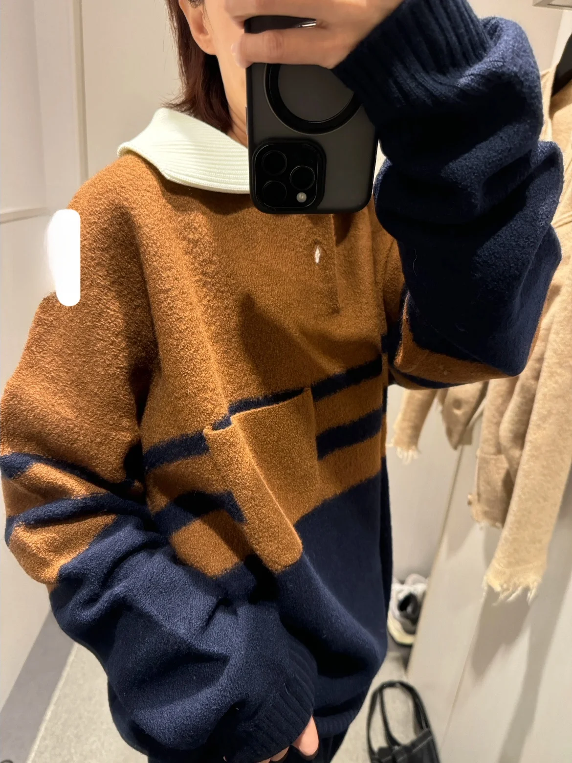 

Limited Time 2025 Autumn Winter Brown Splice Loose Wool Knitted Sweater Turn-down Collar American Style Polyester Fiber Blend