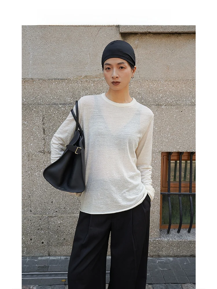 

Spring 2024 Women's Loose Fit Long Sleeve T-Shirt Thin Woolen Classic Color round Neck Top Casual Comfortable Shirt