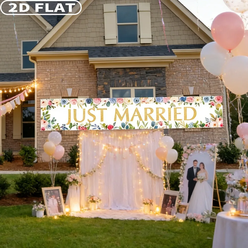 2D FLAT 1pc Just Married Polyester Party Banner Backdrop, 50x300cm/19.69x118.11 Inch Wedding Engagement Party Decor