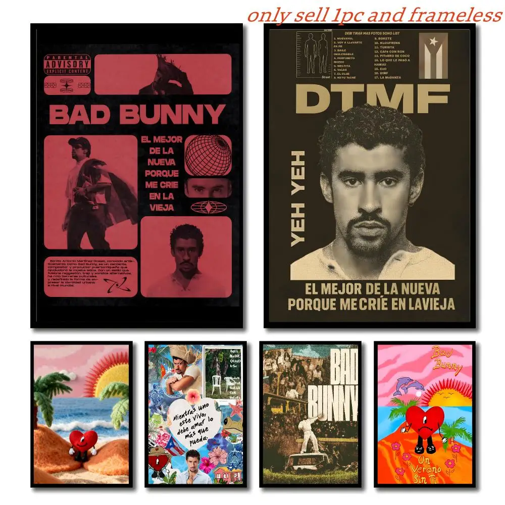 Music Rock Music B-Bad Bunny Poster Self-adhesive Living Room Bedroom Party Bar Decor Moisture-proof Fade-resistant HD