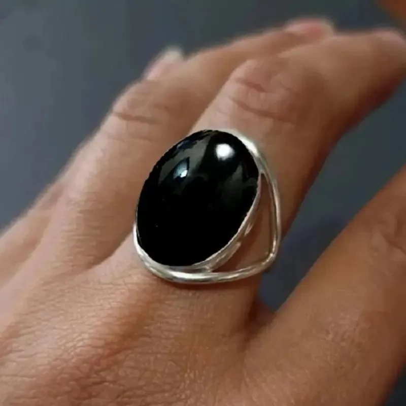 Classic Promise Ring Set with Gemstone Egg Shape Black Stone Turquoise Jewelry