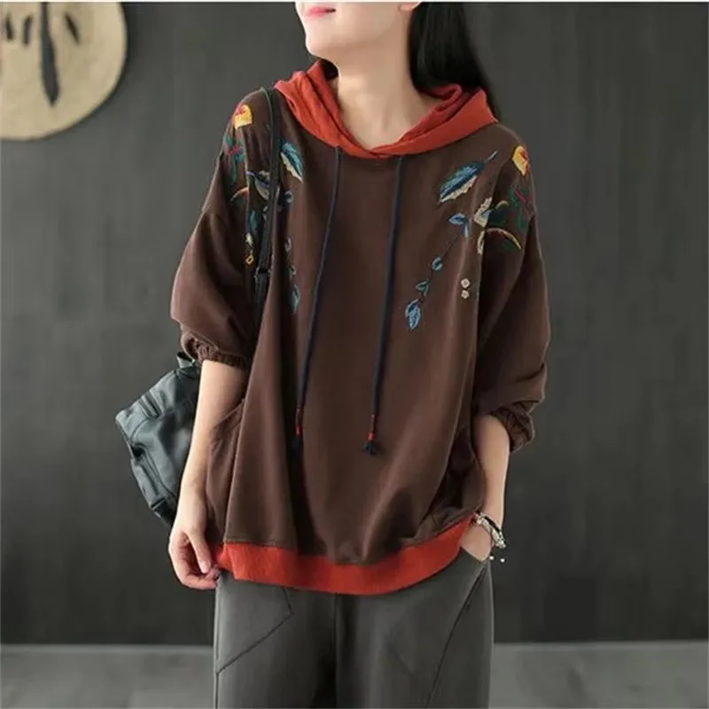 Damska bluza z kapturem i haftem Wiosna Jesień Nowy Retro Art Luźny Pullover Casual Damski Bawełniany Top 4XL