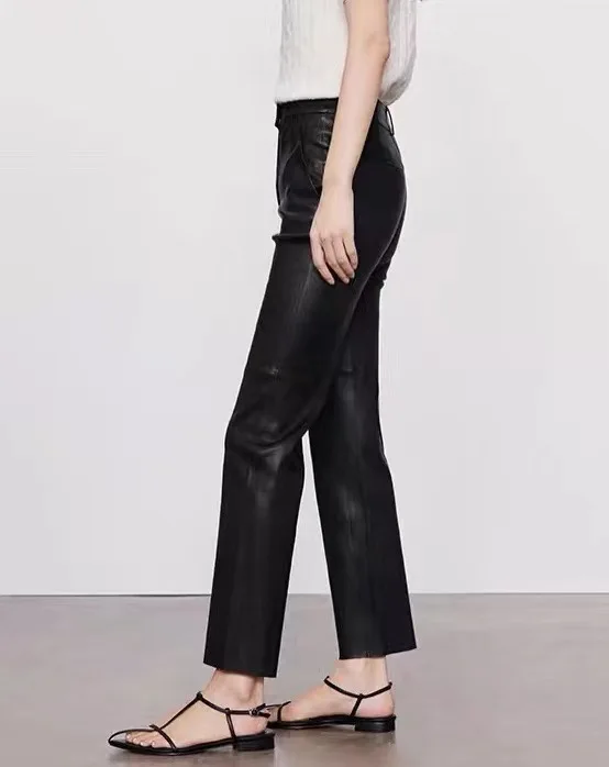 2024 New Style Women Elastic Slim Genuine Sheepskin Leather Nine Point Casual Pencil Pants