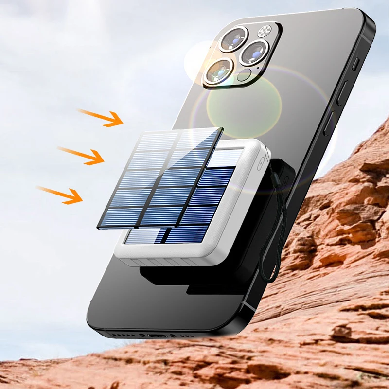 Mini banco de energía Solar de 20000mAh, cargador portátil con Cable incorporado, batería de repuesto externa para iPhone, Samsung, Huawei y Xiaomi