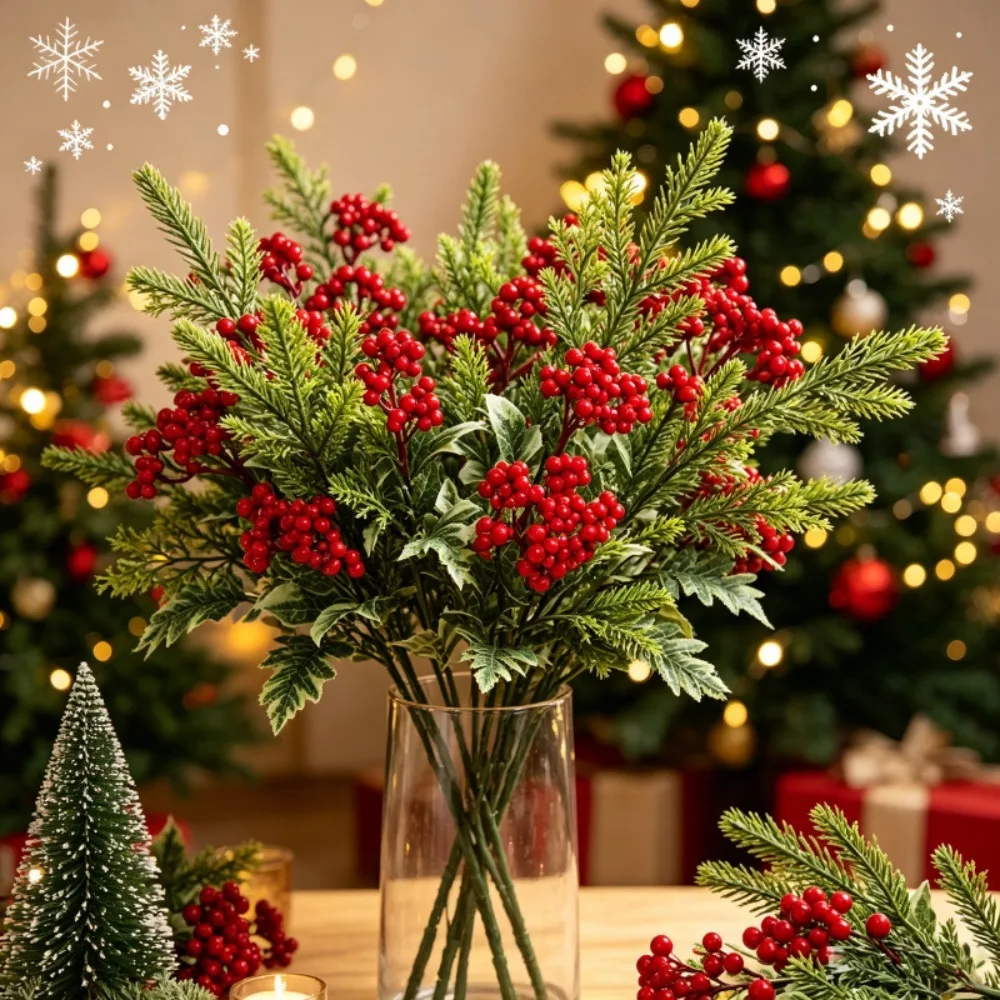Artificial Christmas Greenery Plants, Faux Pine Eucalyptus with Red Berries for Xmas Table Mantel Wall Holiday Home Party Decor