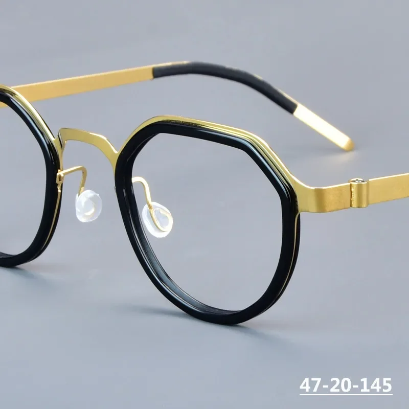 Polygonal Round Glasses Frame Handmade Denmark Ultralight Screwless Eyeglasses Men Women Titanium Spectacles Blue Eyewear 9630