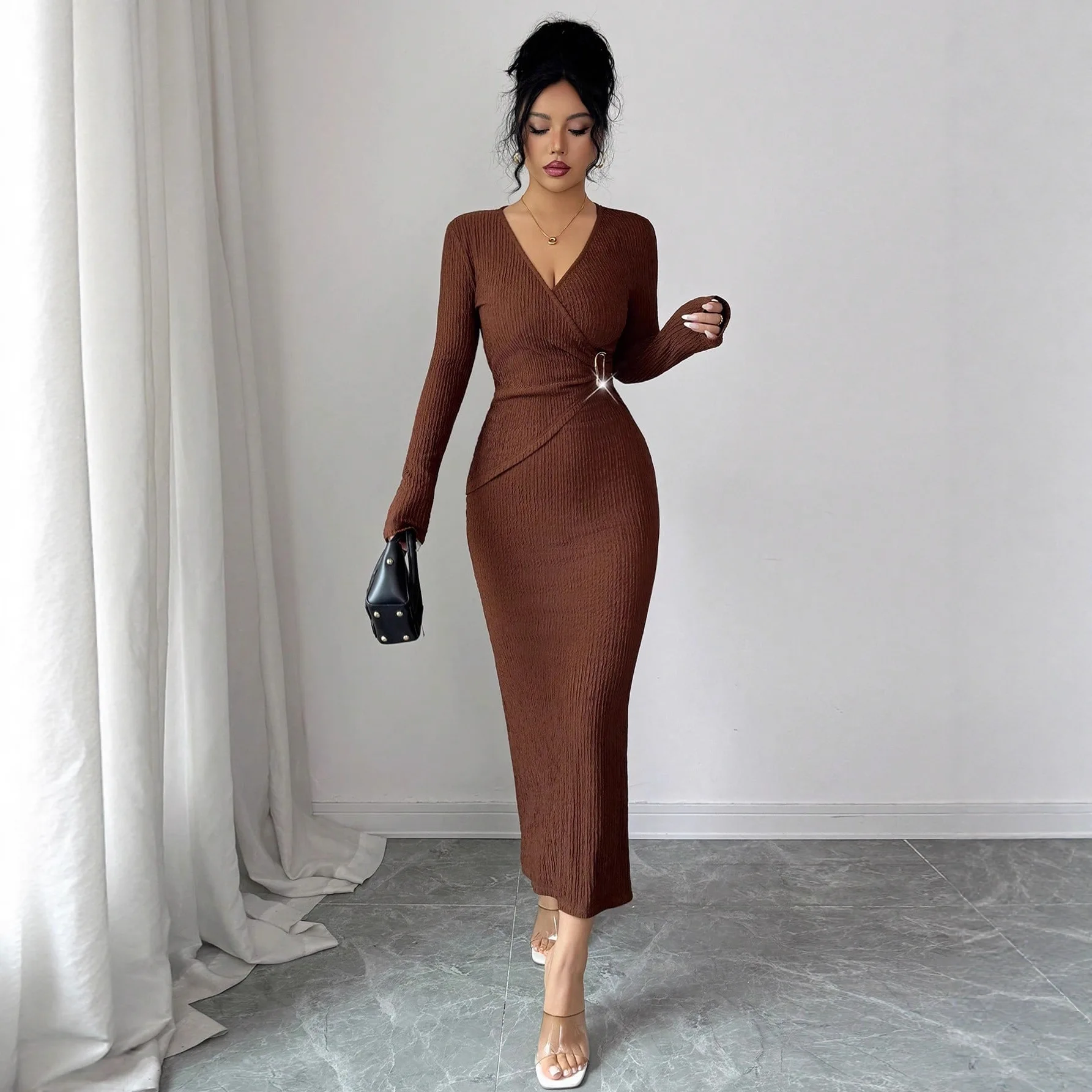 2025 Nieuwe Cross Ne Gebreide Textuur Kleur Afslanken Dr Vrouwen Winter Ele Hoge Taille Polyester Lange Sve Bodycon...