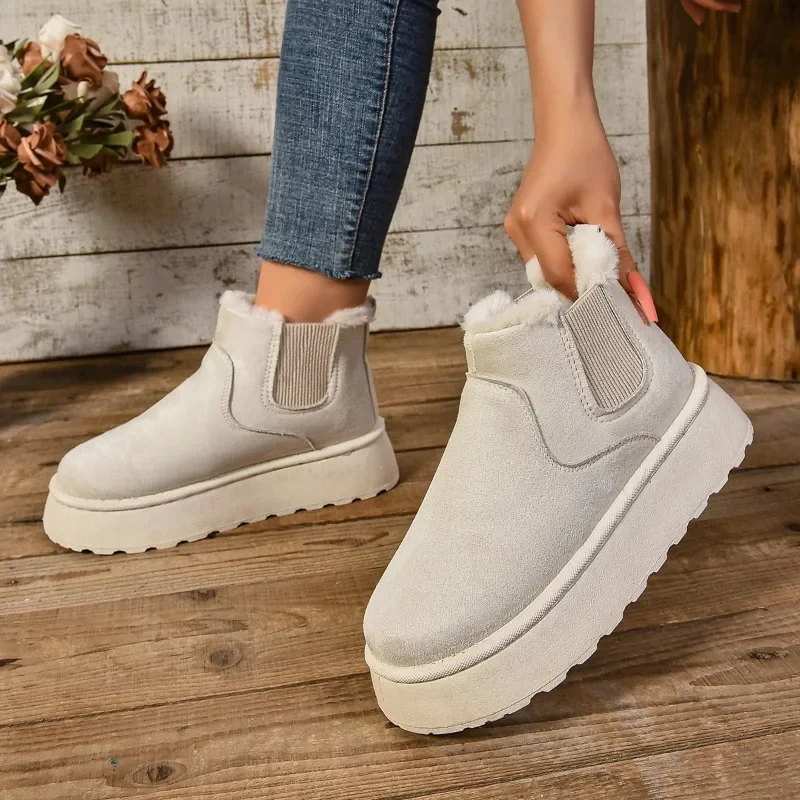 

2024 Winter Women Short Plush Warm Snow Boots Casual Shoes New Suede Fur Chelsea Ankle Boots Flats Platform Ladies Shoes Botas