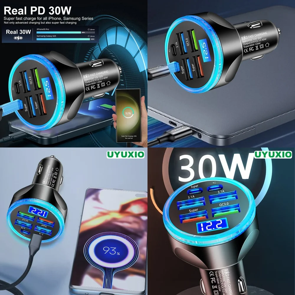 Adapter Type C USB C 6 Ports Car Charger for iPhone 17 16 15 14 Pro Max Plus Super Fast LED Digital Display PD 30W Fast Charging
