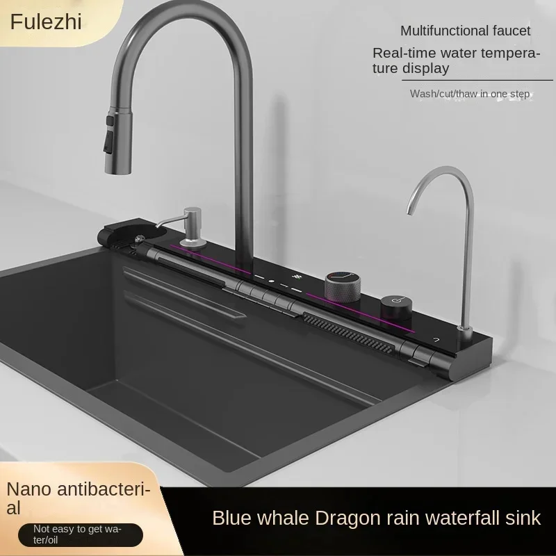 Imagem -05 - Cachoeira Kitchen Sink Slot Único Grande Integrado Digital Display Faucet Grupo Saboneteira Lavadora de Copos 304 Aço Inoxidável