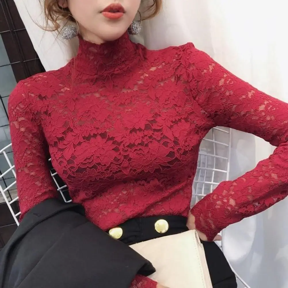 

Women's Lace Pullover Top Half High Collar Autumn Winter Crochet Hollow Floral Stretch Bottoming Long Sleeves Base Blouses Shirt