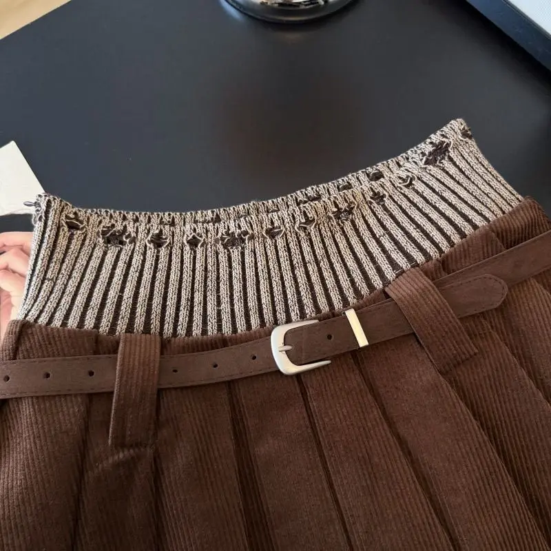Mini jupe Vintage en velours côtelé pour femmes, ceinture Y2K, Patchwork, jupes plissées noires, Sexy, Gyaru, Harajuku Grunge, ligne A, nouvelle collection hiver