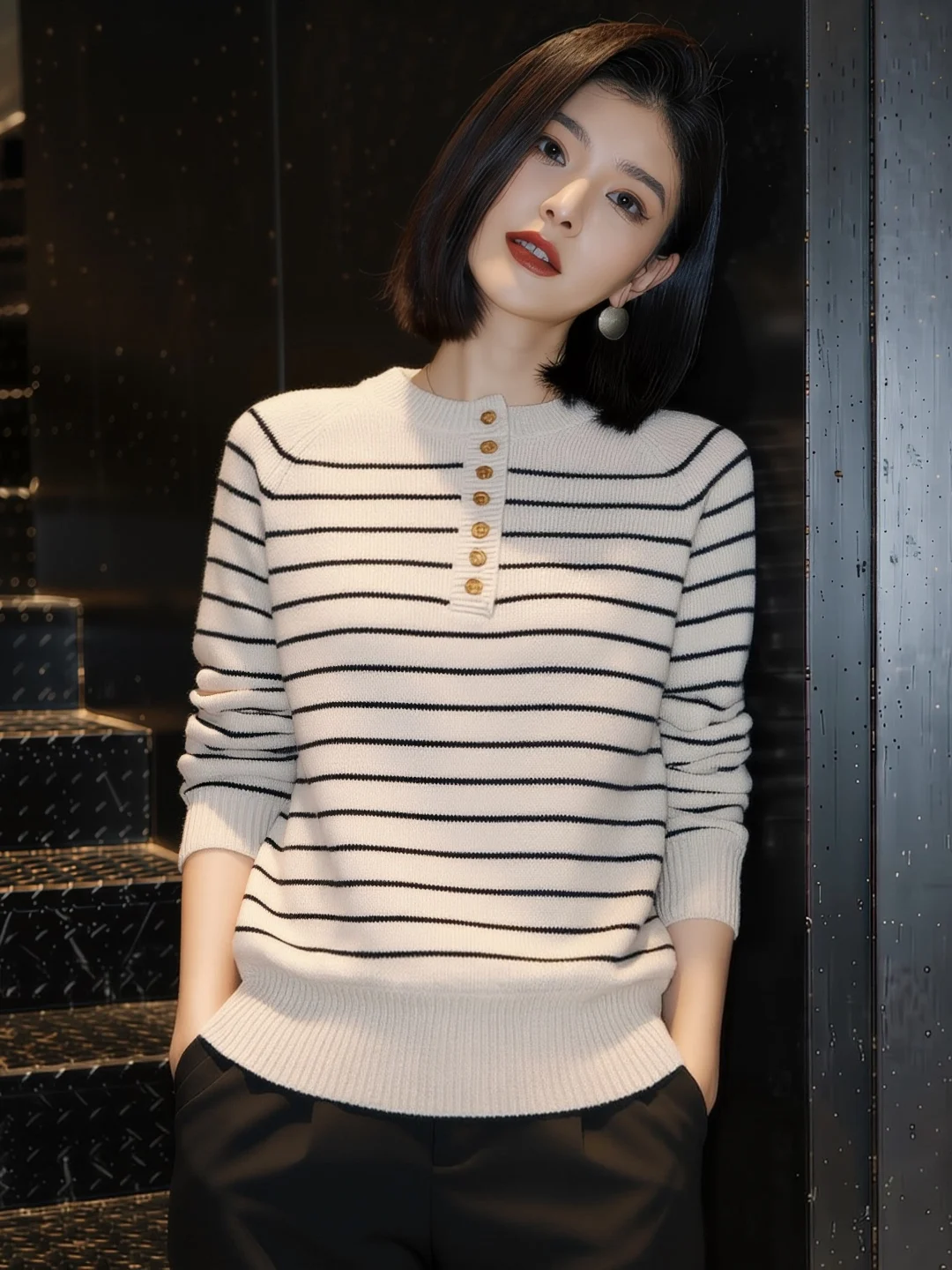 

Winter 2025 Women's Loose Long Sve round Ne Knitted Sweater Striped Casual Decorative Button Knitwear Comfortable Commute