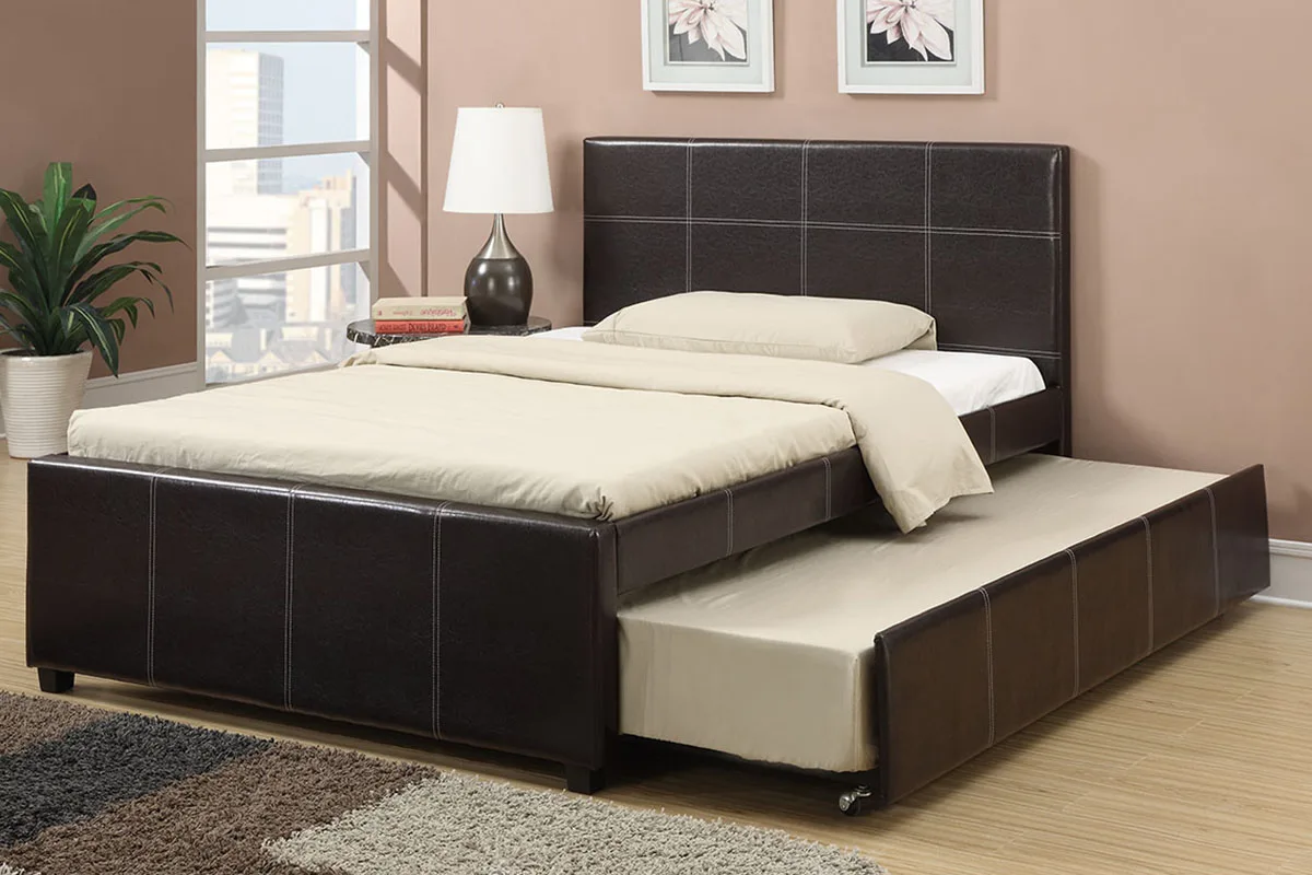 Cama de tamaño completo con listones de Espresso, muebles de dormitorio para niños y jóvenes, cuero de imitación, madera contrachapada, listones de madera, líneas limpias, tapizados H