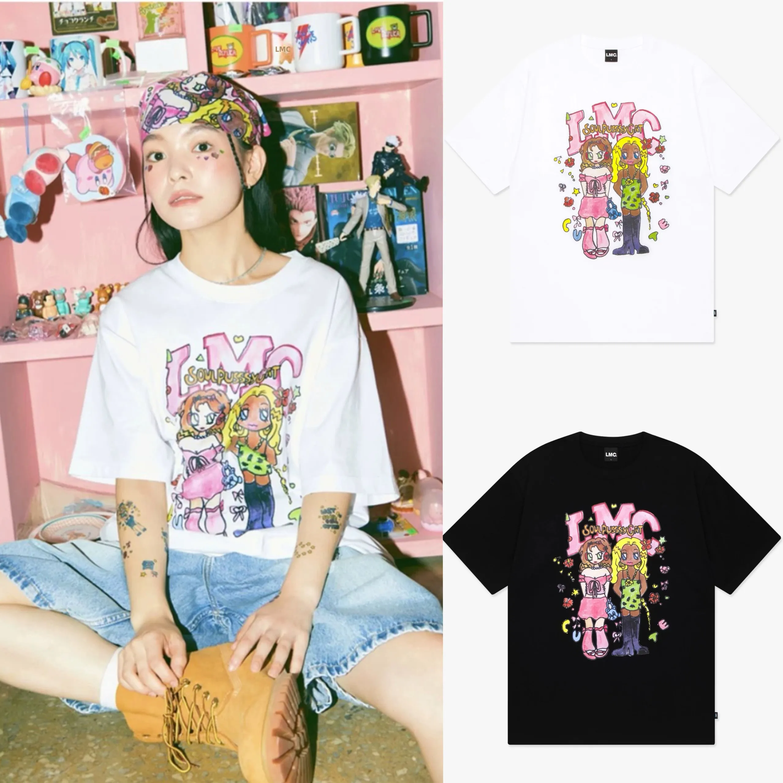 Cute Girl Loose fiti ort Sve T-irt Summer Casual Sle Cotton Knitted round Ne Mid-Length Creative Character Print