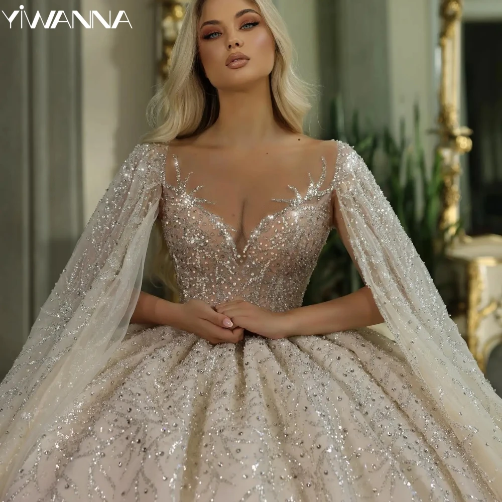 Modest O-neck Long Sleeve Bride Dress Sparkly Sequins Bead Wedding Gown Dubai Luxury Long Bride Robe Customized Vestido De Novia