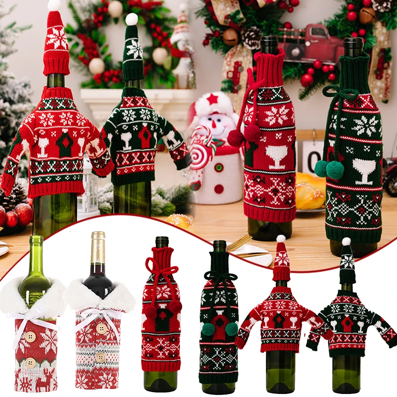 

Festive Wine Bottle Cover Cartoon Knitting Sleeve Clothes Christmas Santa Claus Snowman Dinner Bottle Protector Cover Decoration