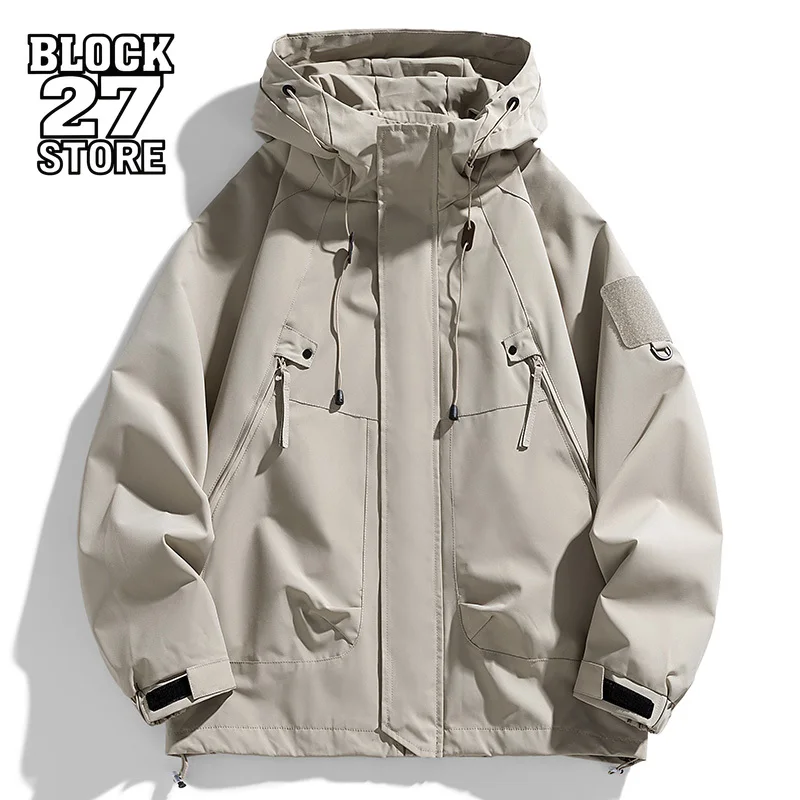 Mens Hooded Jacket Zipper Cargo Waterproof Black Bomber Camping Loose Thin Softshell Hiking Outdoor Streetwear Harajuku Fashion